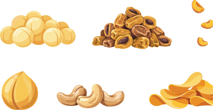 Healthy Snack and Dried Fruit Vector Set Featuring Macadamia Nuts, Dates, Cashews, Chestnuts, and Crispy Potato Chips for Organic Food Packaging Designs