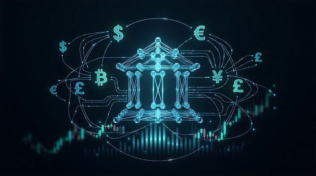 Digital global finance network with dollar euro and bitcoin currency symbols connected