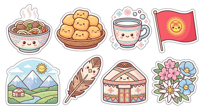 Cute Kyrgyz Food Sticker Pack &ndash; Laghman, Boorsok and Kyrgyzstan Icons