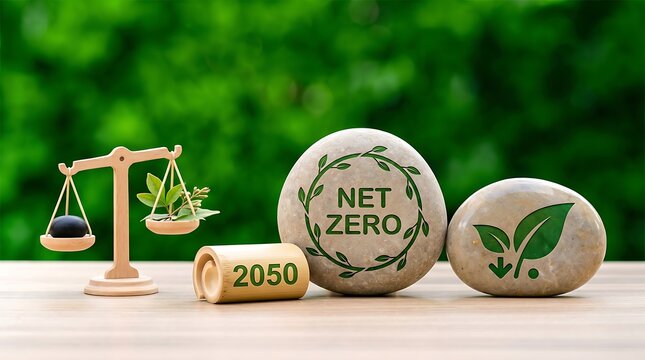 Balanced scale with plants and net zero globe showing 2050 goal for sustainability