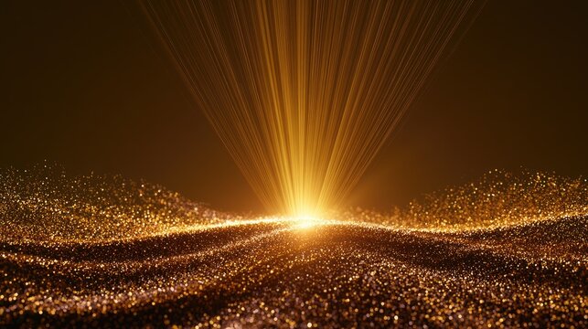 Radiant golden particles flow across a textured, undulating landscape toward brilliant light