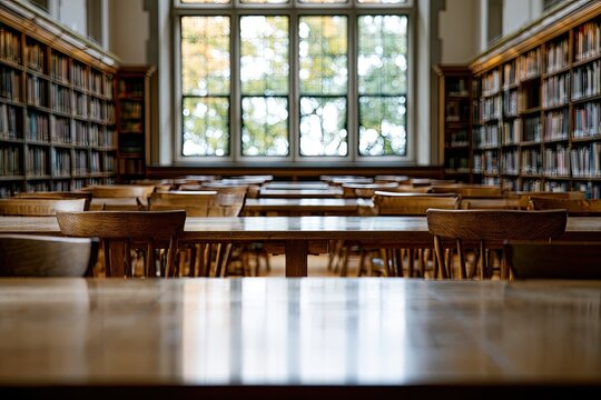 Empty, classic library with wooden tables and abundant bookshelves