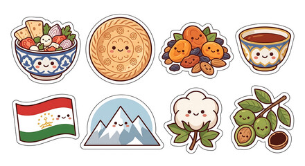 Fototapeta premium Cute Tajik Food Sticker Pack – Qurutob and Tajikistan Icons Kawaii Flat Illustration Set