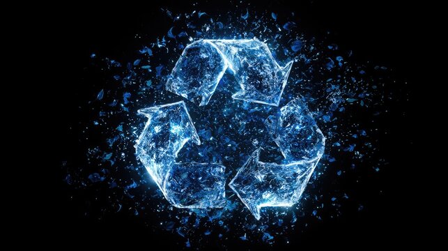 Glowing blue liquid recycling symbol exploding with tiny droplets against black