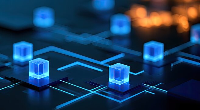 Glowing blue cubes on a futuristic circuit board with bokeh lights