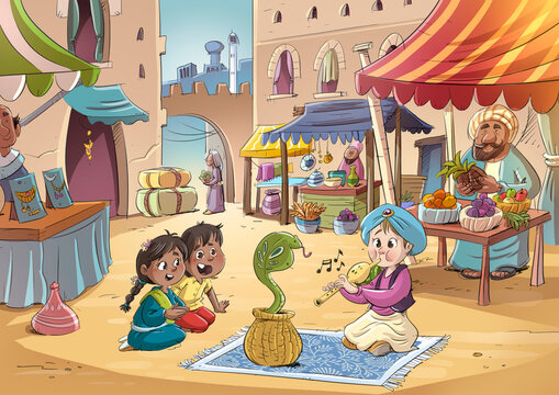 Scene in an Indian market of a child taming a snake, children's illustration
