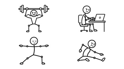 Obraz premium Four detailed stick figure illustrations highlighting fitness sports and office work poses.