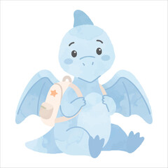 Cute Confused Pterodactyl Sitting with Backpack in Soft Pastel Blue Watercolor Style, Minimalist Flat Vector Illustration Isolated on White Background  © Mae