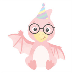 Cute Pterodactyl Waving Wearing Nerd Glasses and Party Hat, Soft Pastel Pink Watercolor Flat Vector Illustration Isolated on White Background  © Mae