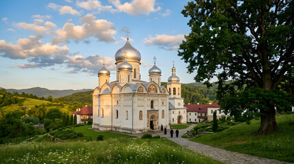 Fototapeta premium Orthodox monastery with onion domes. Historic church building in a scenic rural landscape.