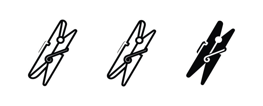 Clothespin icons illustrating laundry clip and clothes peg symbols with clean minimalist vector graphics for household cleaning, fabric care, drying lines, home essentials, and utility branding.