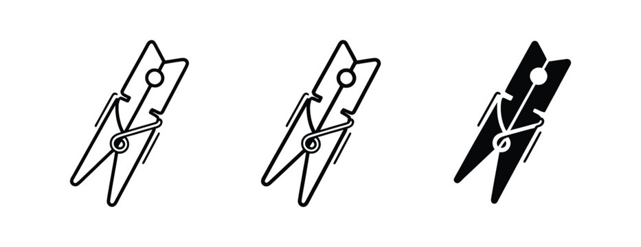 Clothespin icons featuring laundry clip symbols with clean minimalist vector graphics for clothing care, household chores, drying racks, textile organization, and home utility applications.