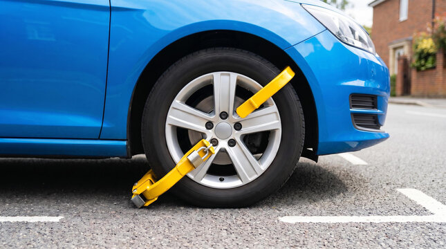 Blue Car With Yellow Wheel Clamp Immobilizer Parked On Street Side, Illegal Parking Enforcement And Security Measures