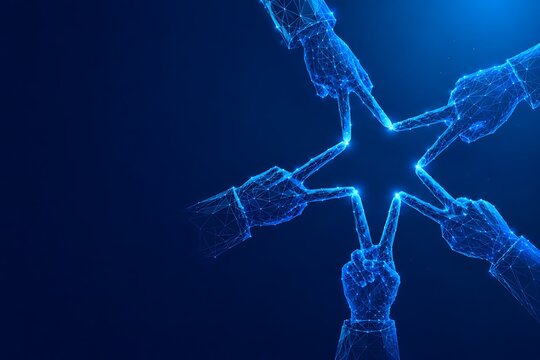 Star shape formed by multiple hands reaching towards the center in a holographic blue light. futuristic international youth day with connection, teamwork. futuristic international youth day
