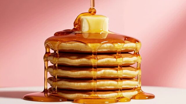 Golden Syrup Deliciously Pouring Over A Stack Of Fluffy Mini Pancakes With Butter On A Soft Pink Background For Culinary Excellence