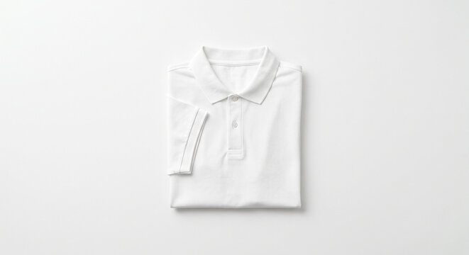 Clean folded white polo shirt isolated on a bright white background with ample copy space a flat lay top view studio shot perfect for apparel mockups or e-commerce product display