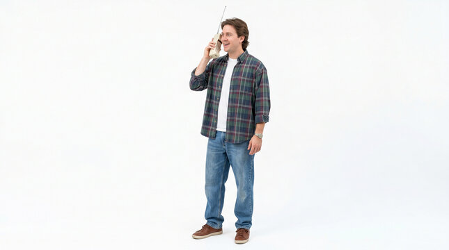 Man talking on a retro 80s style mobile phone with an antenna smiling and looking away on an isolated white background