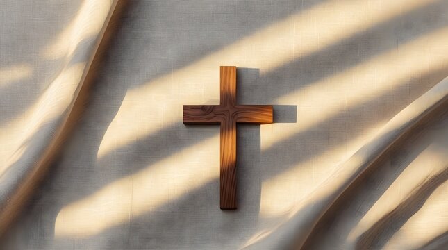 wooden christian cross with soft sunlight on neutral fabric background
