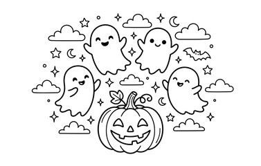 Fototapeta premium Cute ghosts and pumpkin illustration, Halloween line art vector