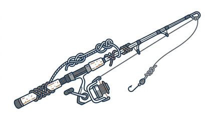Fishing rod with reel and tackle setup illustration. © noele