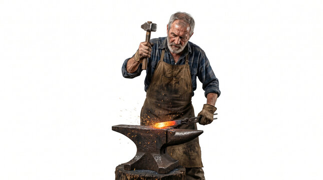 Elderly blacksmith hammering hot metal on an anvil with sparks flying in a traditional craft workshop on a white background