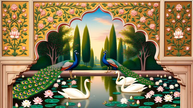 Traditional Mughal wallpaper with flower wall design. Mughal Wall Mural Wallpaper for interior design.