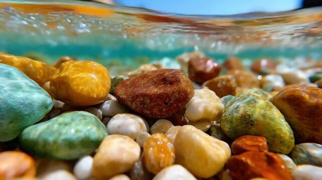 Pebble Mosaic: A vibrant underwater view showcases a colorful collection of smooth pebbles and stones, partially submerged in clear turquoise water, creating a natural mosaic of earthy hues.