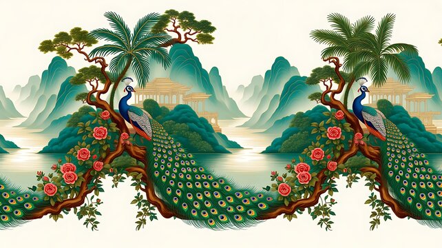 Illustration of a mughal garden with peacocks, parrots, plants, and trees, featuring a botanical landscape pattern. Ottoman Palace. Illustration