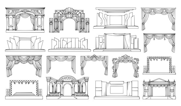 Theatrical Stage Design Line Art Collection with Architectural Styles Curtains and Performance Backdrops