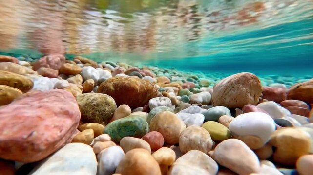Underwater Pebbles: A vibrant, underwater view of smooth, colorful pebbles lining the riverbed, with shimmering reflections of the surface above, creating a serene and captivating aquatic scene.