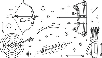 Archery and bow hunting line icon set featuring traditional longbow modern compound bow arrows quiver target bullseye and shooting range symbols vector © MDHELAL