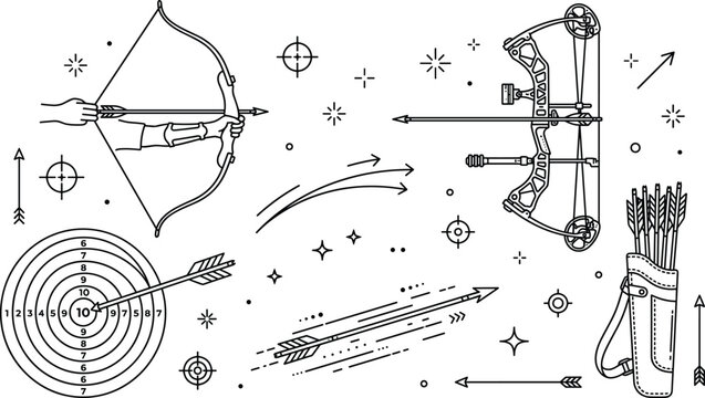 Archery and bow hunting line icon set featuring traditional longbow modern compound bow arrows quiver target bullseye and shooting range symbols vector