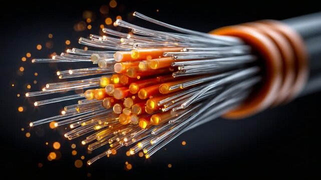 Fiber Optic Cable Glow: A close-up shot reveals the intricate strands of a fiber optic cable, their ends illuminated with a warm, orange glow, hinting at the speed of light and digital communication.