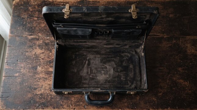 Antique Briefcase on Wooden Table: An old, worn leather briefcase sits open on a rustic wooden table, its empty interior hinting at past journeys and forgotten stories.