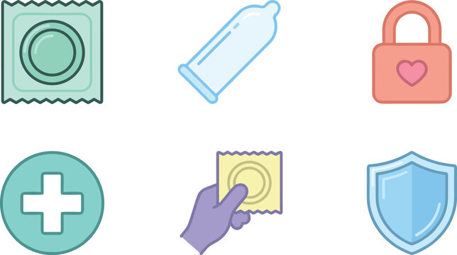Set of Sexual Health, Protection, and Safety Icons Featuring Condoms, Medical Cross, Padlock with Heart, and Shield