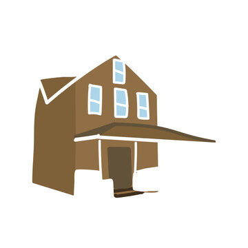 Hand drawn flat vector illustration of a brown saltbox style house with a covered front porch and gabled roofline on a white background.