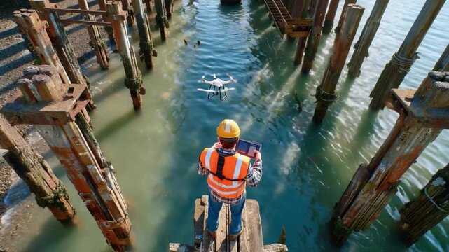 Drone inspection of old pier: A construction worker in a hard hat and safety vest uses a drone to inspect an aging wooden pier over a body of water.