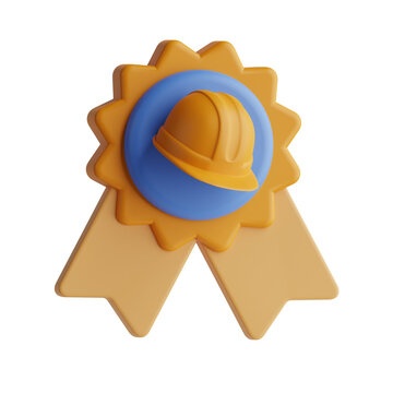 3D clay construction safety award badge with hard hat and ribbon, certification achievement worker icon, transparent PNG