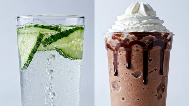 Refreshing Cucumber Water-Style Drink Beside Thick Chocolate Frappe with Whipped Cream and Garnish