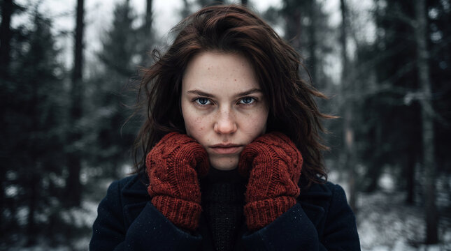 A dramatic close-up portrait of a woman wearing red knitted mittens and a dark coat standing in a snowy winter forest looking directly at the camera