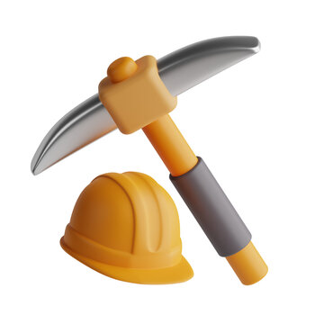 3D clay pickaxe and hard hat, mining construction excavation heavy industry labor tool icon, transparent PNG