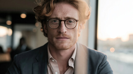 Fototapeta premium Businessman portrait freckles redhead glasses serious office window natural light focus businessman portrait with freckles redhead glasses serious office window natural light focus