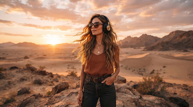 A stylish young woman stands in a vast desert landscape at sunset wearing sunglasses and a brown top ideal for travel and outdoor fashion concepts
