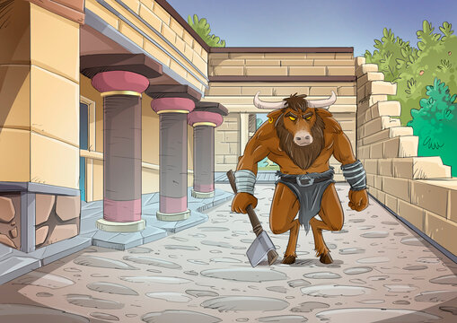 Escena del Minotauro de La Odisea, ilustracion infantil