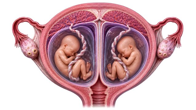 Dichorionic Diamniotic (DCDA) Twin Pregnancy Cross Section Medical Anatomy Illustration