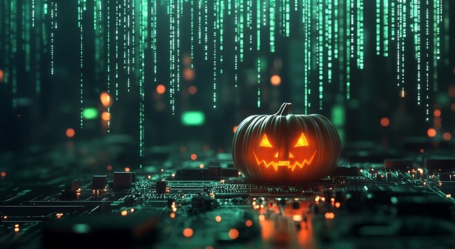 Scary jack-o-lantern pumpkin sitting on a high-tech circuit board with falling green binary code data