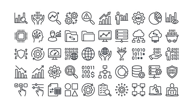 A comprehensive collection of modern data analytics and digital technology outline icons for various business applications and software development needs in vector format
