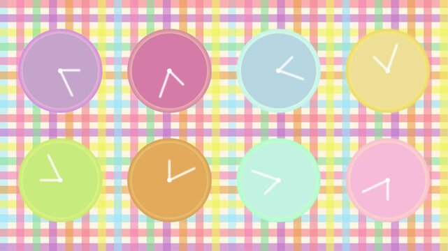 4k footage animation of clock set icon colourful animation glow on gingham background. analog clock timer circle animated. 12 Hours Clock. Clock icon on a gingham colourful background video animation 