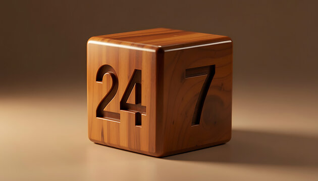 A glowing wooden digital sign displaying the numbers 247 illuminated against a dark background, created with generative ai for business service concepts.
