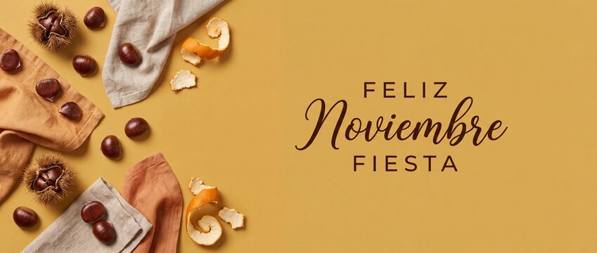 Feliz Noviembre fiesta autumn banner with chestnuts, orange peels, and linen napkins on warm yellow background, cozy fall harvest greeting with copy space.